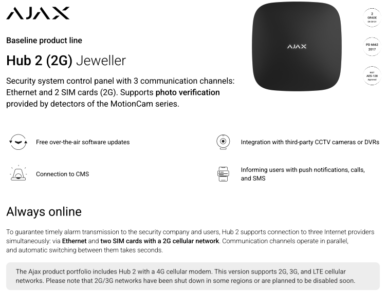 AJAX Hub 2 (2G) Jeweller (White) - Image 2